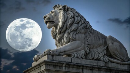 Ethereal Glow Beneath a luminous silver moon a majestic guardian lion statue sits imposingly its stone surface shimmering with a soft ethereal glow. The intricate carvings of its