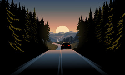 A car driving through road in mountain forest. Sunset scenery illustration