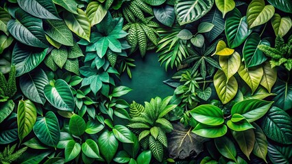 Lush Greenery Background Featuring a Diverse Array of Vibrant Green Tropical Foliage Arranged in a Circular Pattern