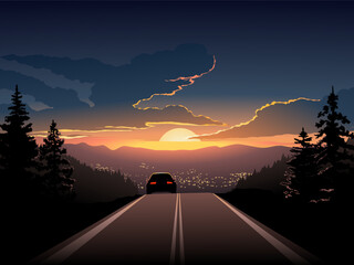 Beautiful sunset view in highway with a car and city skyline