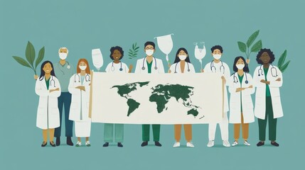 Diverse Healthcare Professionals Holding World Map Against Green Background