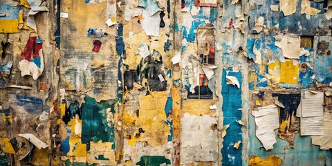 Fototapeta premium Abstract Layered Texture of Weathered, Multicolored Paper Fragments on a Wall