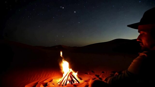 Man enjoying firecamp in the desert under the shiny stars