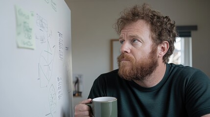 Strategic blueprint: businessman drafting models, strategies for success, illustrating a financial technology framework, social media marketing flow chart, set against a dynamic office backdrop.