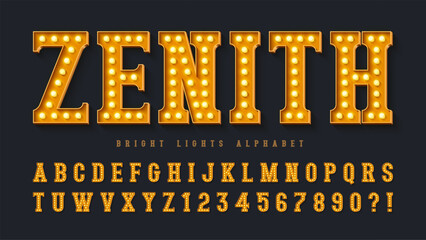 Retro cinema alphabet design, cabaret, warm lamps letters and numbers. © Aleksandr
