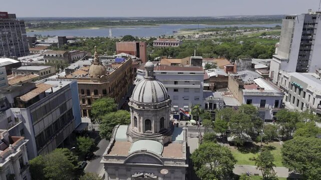 Drone lowers on back side of National Pantheon of Heroes in Asuncion, Paraguay