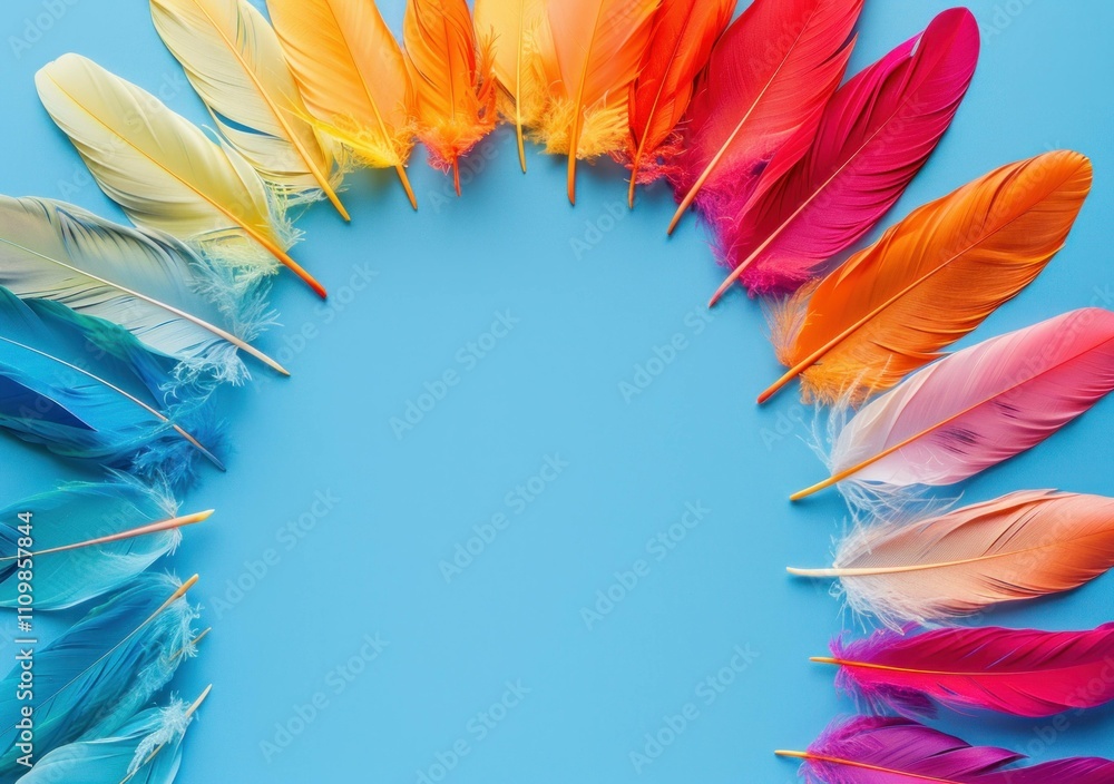 Poster colorful feathers arranged in a circular pattern on a bright blue background, creating a vibrant and