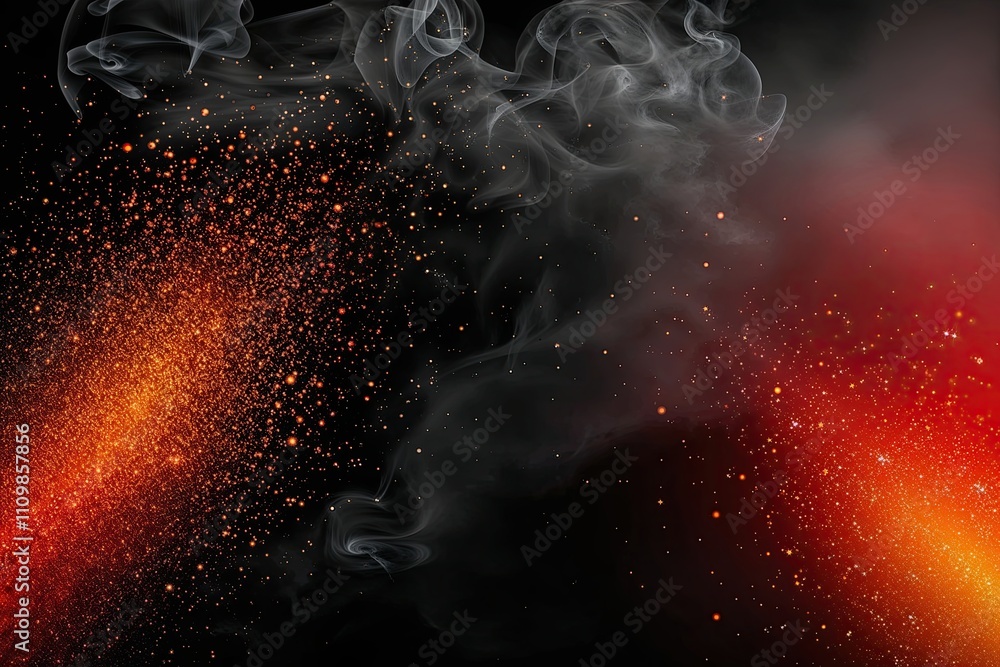 Poster luminous orange red gradient with sparkling particles on dark smoky background