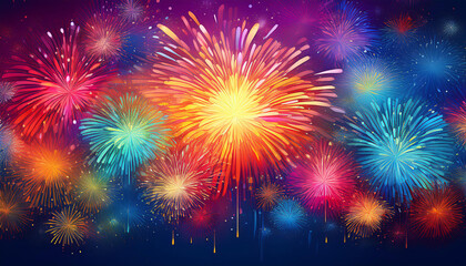 Fototapeta premium Festive fireworks display with multicolored bursts lighting up the night sky over a lively celebration