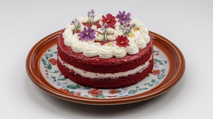 Elegant Red Velvet Cake Decorated with Fresh Edible Flowers