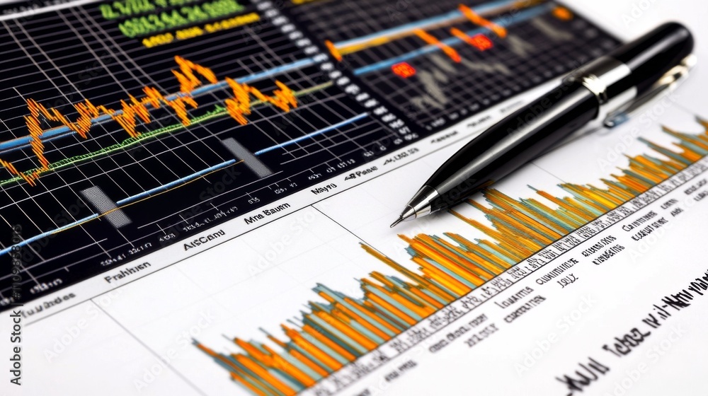 Poster financial data analysis with graphs and a pen on a document