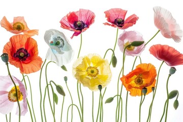 Obraz premium Beautiful multi-colored poppies blooming in a bright and vibrant arrangement, showcasing nature's beauty and the freshness of spring flowers.