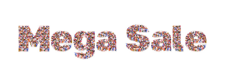 Group of people forming word Mega Sale. Mega sale special offer. Lucky deal, best price, shopping time, special offer, shop now. Ads for web, social media, shopping online. Vector Not AI generated