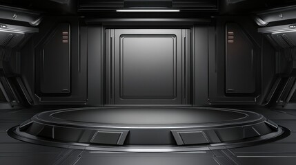 Futuristic Black Room With Circular Platform And Door