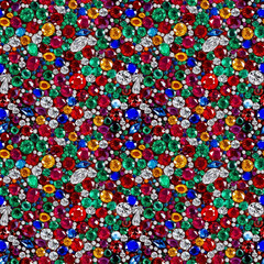Luxurious seamless pattern of colorful gemstones and diamonds in vibrant jewel tones for elegant design and decor