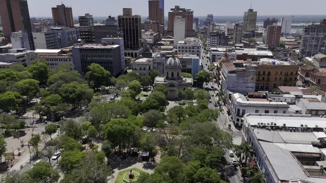 Drone orbits to the left around plazas surrounding National Pantheon of Heroes in Asuncion, Paraguay