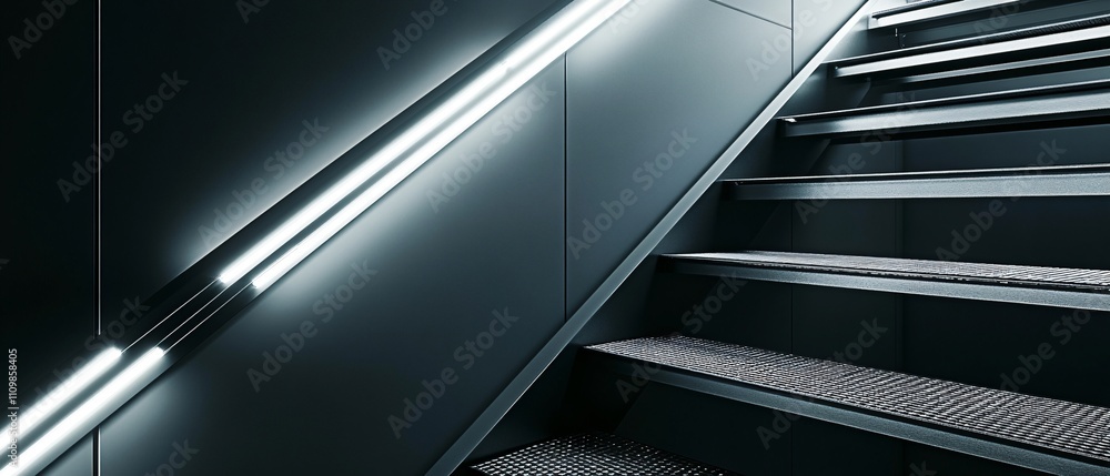 Poster a modern staircase with illuminated handrails in a sleek, dark environment.