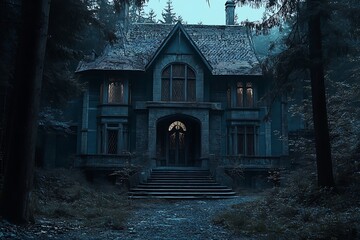 A dark, eerie mansion surrounded by trees, evoking a mysterious and haunting atmosphere.