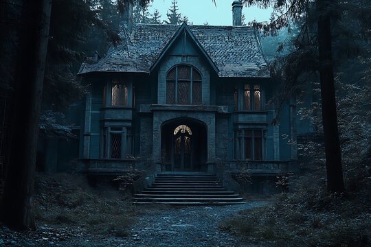 A dark, eerie mansion surrounded by trees, evoking a mysterious and haunting atmosphere. - Powered by Adobe