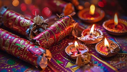 festive crackers and diyas in hand painted style