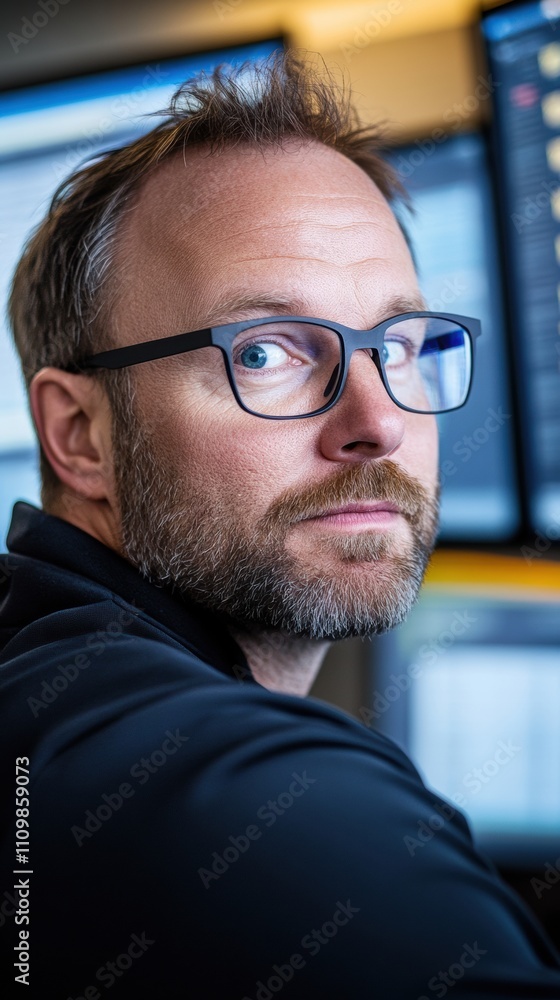Poster man with glasses focused on multiple computer screens in a modern office setting, ai