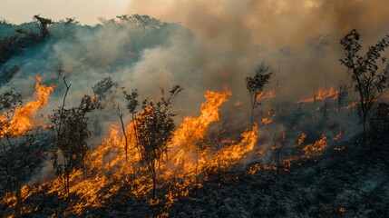 Intense Wildfire Flames Engulfing Nature Landscape with Smoke