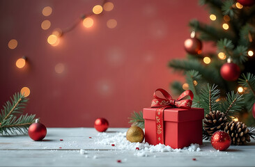 A beautifully wrapped red gift box with a shiny bow sits on a wooden table surrounded by decorations and a Christmas tree adorned with lights and ornaments