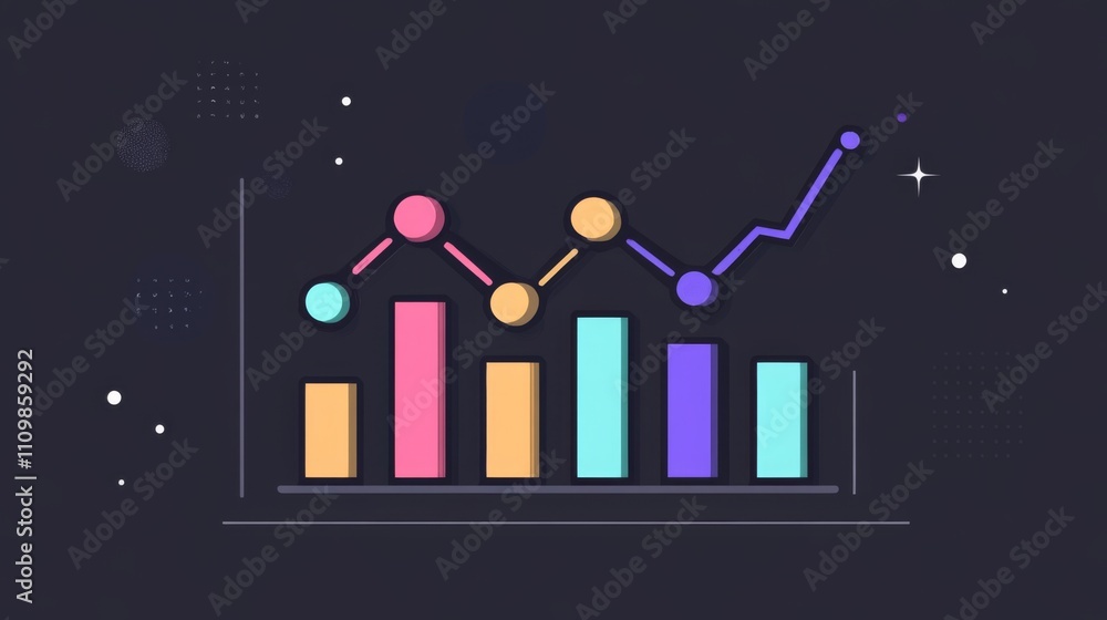 Poster colorful data visualization with charts and graphs on dark background