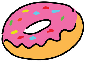 a donut drizzled with pink icing and sprinkled with confectionery topping