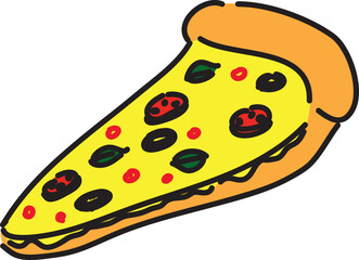 triangle slice of pizza with cheese, sausage, olives