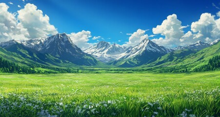 Fototapeta premium Cartoon-style illustration of green grassland, blue sky, and white clouds with distant mountains