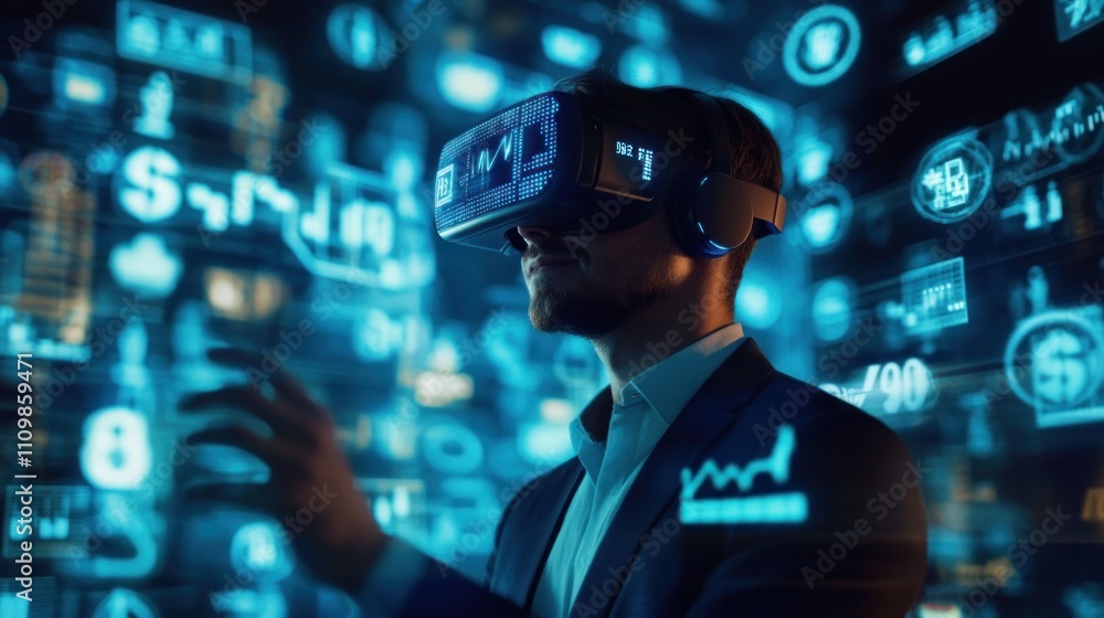 Poster man in vr headset exploring digital world of data and finance