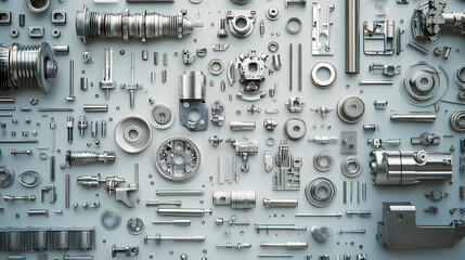Fototapeta premium Array of mechanical parts and components precisely arranged on engineering drawings, highlighting the detail and precision involved in mechanical design and manufacturing. Mechanical. Illustration