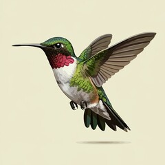 Fototapeta premium Hummingbird on white background. Colubris archilocus. Flying North American Ruby-troathed hummingbird with colorful glossy plumage: distinctive red throat and green reflections on the back.