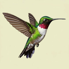 Obraz premium Hummingbird on white background. Colubris archilocus. Flying North American Ruby-troathed hummingbird with colorful glossy plumage: distinctive red throat and green reflections on the back.