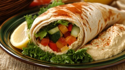 Fresh Vegetable Wrap with Hummus and Lemon on a Rustic Plate