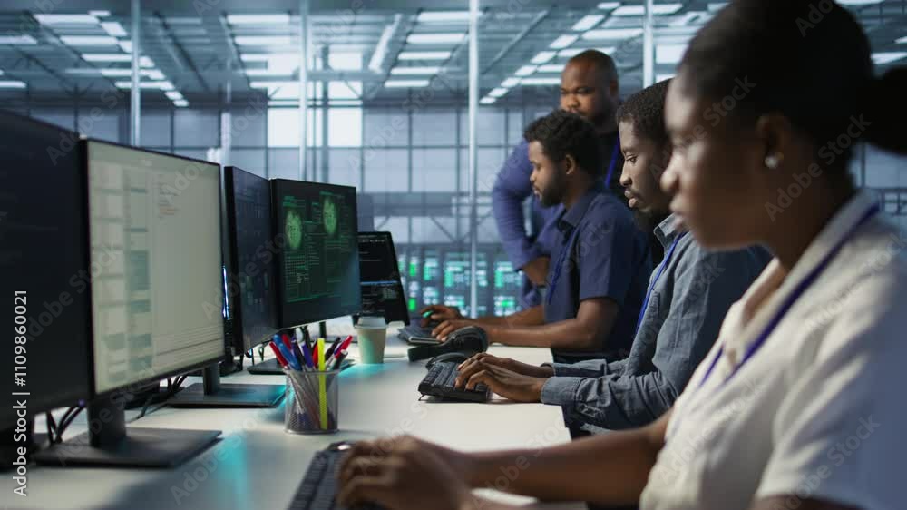 Poster cybersecurity specialists in server room trying to protect equipment from hacker stealing data. prog