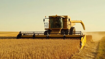 Close-up of combine harvester&rsquo;s header cutting wheat, golden grain, clear sky,