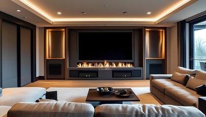 Modern living room with fireplace cozy home atmosphere contemporary design indoor comfort inviting ambiance