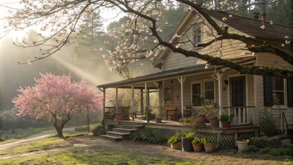 Naklejka premium Idyllic Respite An inviting rural home adorned with potted plants on the porch is surrounded by a breathtaking display of plum blossoms. Rays of sunlight pierce through the