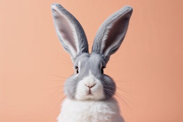Fototapeta premium Fluffy Grey Eared Easter Bunny Design on Peach Background