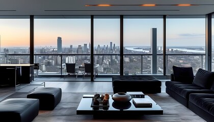 Modern living room with city view urban apartment interior design contemporary style wide angle luxury concept