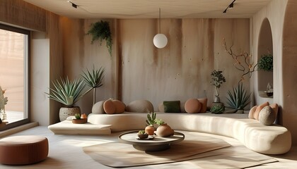 Fototapeta premium Creating a cozy modern living space in a bright room with natural elements for relaxation and comfort