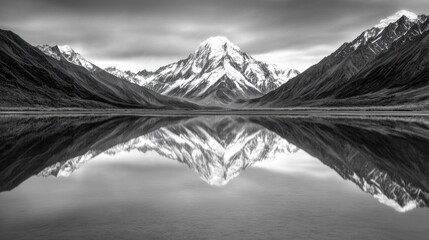 Majestic mountain reflected in a serene lake under a dramatic sky, AI