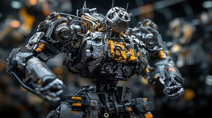 Fototapeta premium Powerful industrial robot, metallic gray, intricate design, glowing orange core, mechanical details.