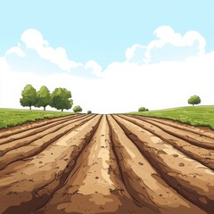 Cartoon Illustration of a Plowed Field Landscape