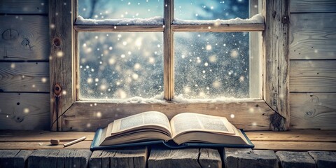 Winter's Embrace A Cozy Scene of an Open Book on a Wooden Windowsill with Falling Snow