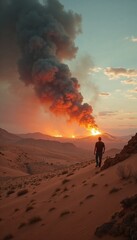 Wide-angle shot of desert landscape with fire burning in distance, flickering flames against the sky, barren quiet foreground, dramatic scene, copy space