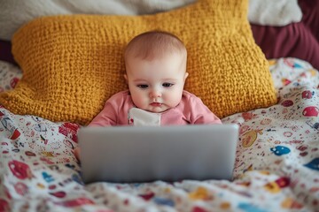 Baby girl looking at a tablet in bed. Concept of early childhood development and technology.