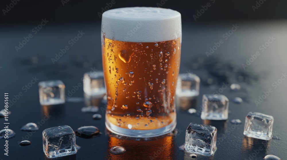 Poster refreshing glass of beer with ice cubes on a dark surface